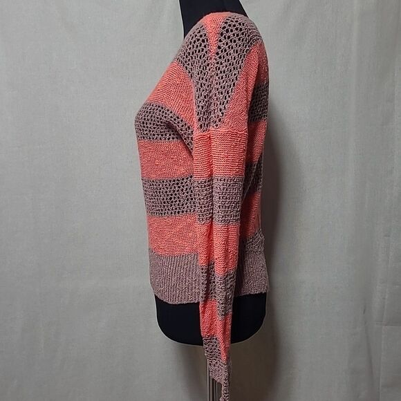 I Love Ronson Open Knit Sweater Womens Size Small Stripe Pink Beige LS - Picture 3 of 9